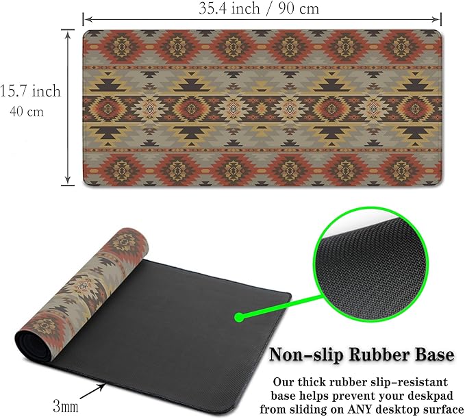 Gaming Mouse Pads Geometric Large Desk Pad Keyboard Pad Mousepad XXL Non-Slip Rubber Base Waterproof with Stitched Edges 35.4" X 15.7" for Game Office, American Navajo Style Aztec