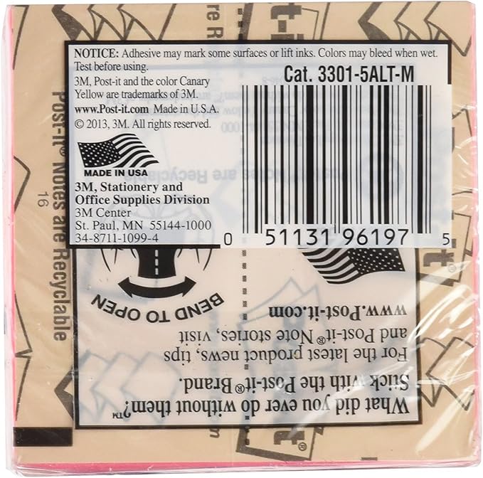 Post-it Pop-up Notes, 3x3 in, 5 Pads, America's #1 Favorite Sticky Notes, Assorted Colors, Clean Removal, Recyclable (3301-5ALT-M)