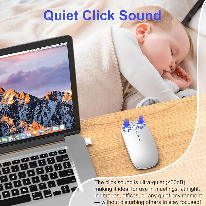 Bluetooth Wireless Mouse for MacBook Air Mac Pro iPad Laptop Computer Pad Optical Rechargeable Slim Silent Dual Mode (2.4G USB-C/USB-A&Bluetooth 5.2/3.0) Mouse Jiggler for Computer Awakening - Silver