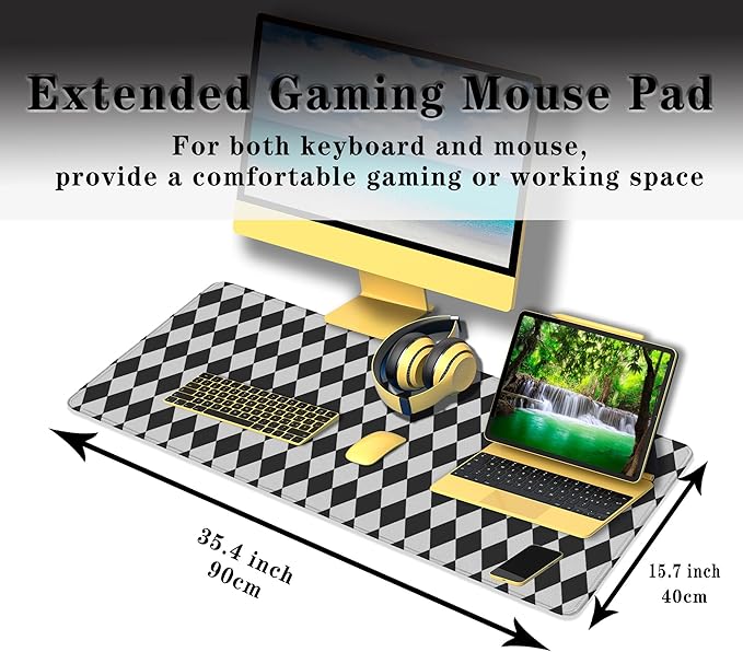 Computer Mat Black and White Desk Mat Large, Big Mouse Pad Gaming Desk Mats, Mouse Pad Gaming Non-Slip Rubber Base Waterproof with Stitched Edges, 35.4" X 15.7" for Work/Game/Office Diamond