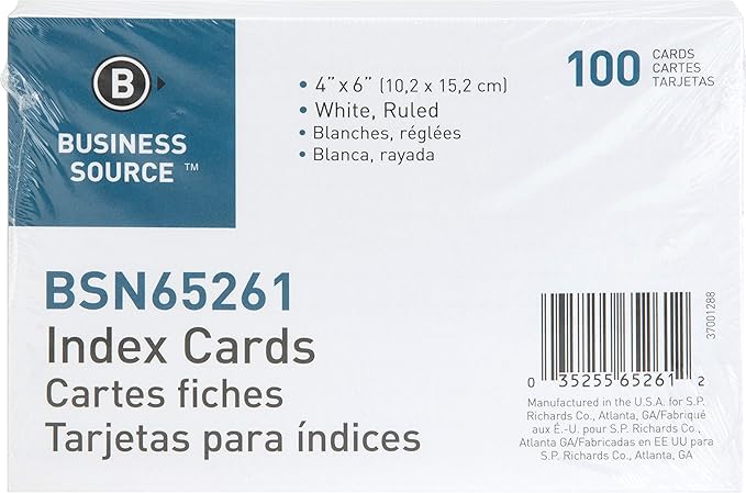 Business Source 65261 Index Cards, Ruled, 72 lb., 4-Inch x6-Inch, 100/PK, White (Pack of 2)
