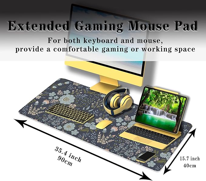 Office Desk Pads Floral Pattern Jumbo Mouse Pad Gaming Mousepad Large Mouse Pads The Desk Mat Non-Slip Rubber Base Waterproof with Stitched Edges 35.4 X 15.7 for Game Office,