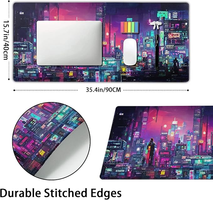 aportt Retro Japanese Anime Gaming Mouse Pad XXL Cool Dark Purple Red Vaporwave City Extended Large Desk Mat Big Mousepad Non-Slip Rubber Base Stitched Edge Long for Computer, 35.4x15.7 in