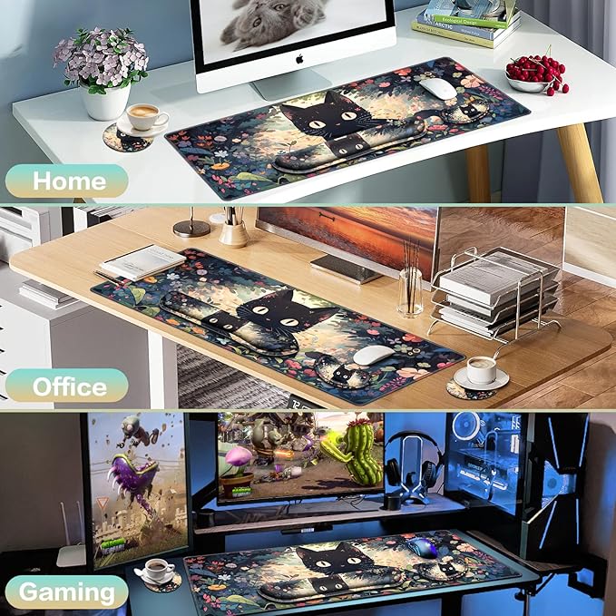 Mouse Pad Anime, Mouse Pad with Wrist Rest, 4-in-1 XXL Large Desk Mat Kawaii Mousepad with Gel Wrist Support Keyboard Wrists Rest Coaster, Ergonomic Gaming Cat Desk Pad, Funny Cute Office Accessories