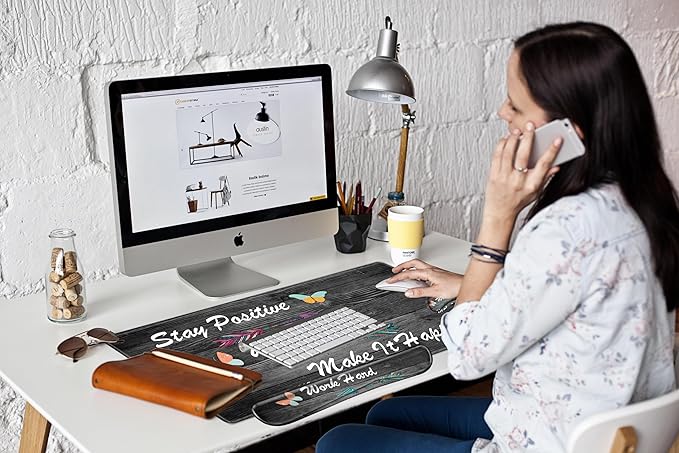 Stay Positive Mouse Pad and Keyboard Wrist Rest Inspirational Desk Mat Set Gaming Mousepad with Wrist Support XXL Computer Mat 31.5" x 15.75" Mouse Mat Organization Decor