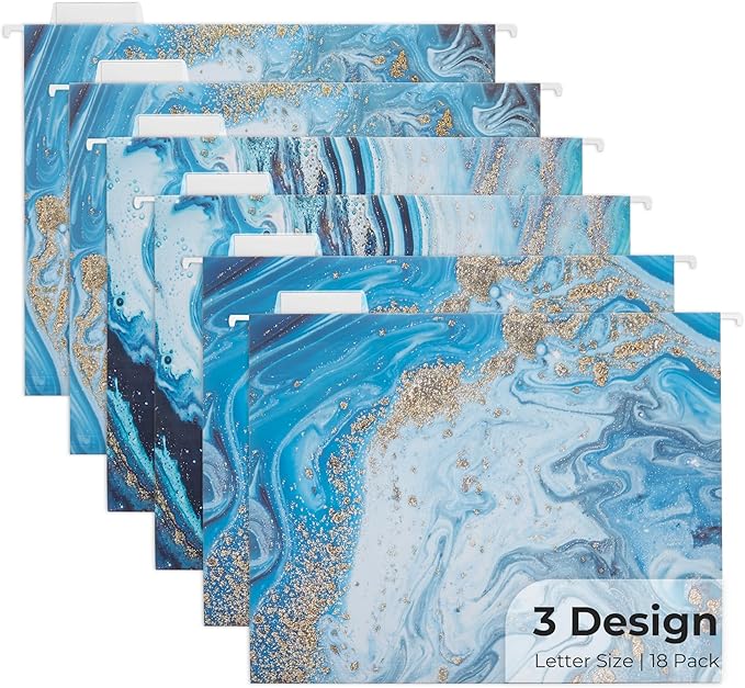 Y YOMA 18 Pack Decorative Hanging File Folders Letter Size Marble Cute Hanging Folder Pretty File Folder Organizer for Filing Cabinet Office Home with 1/5-Cut Adjustable Tabs, 3 Blue Marble Design