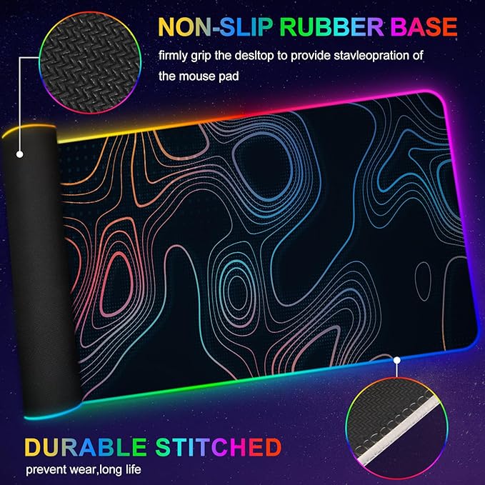 ARTSO RGB Gaming Mouse Pad, Large Extended Soft Led Mouse Pad with 14 Lighting Modes 2 Brightness, Water Resist Keyboard Pad, Computer Mousepads Mat 35.4x15.7inch, Colorful Abstract Lines