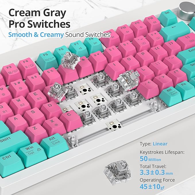 75% Wireless Creamy Mechanical Keyboard, Hot Swappable Custom, RGB Backlit Gasket Gaming, 2.4G/BT5.0/USB-C, Pink Mechanical Keyboard, Pre-lubed Linear Gray Cream Switches