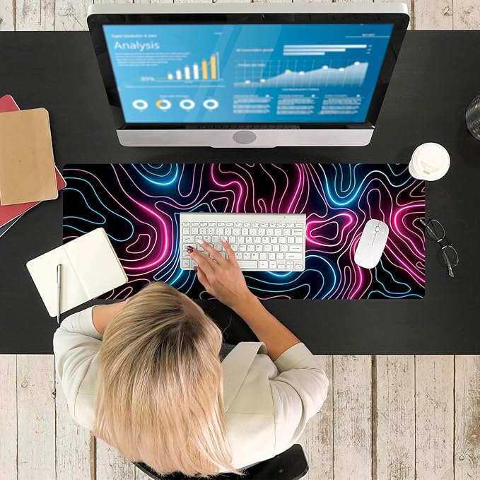Ovenbird Gaming Mouse Pad with Stitched Edges, Topographic Map Pink Extended XL Mousepad with Anti-Slip Base, Cool Neon Large Mouse Pad for Desk, 31.5 x 11.8 in, Pink and Blue