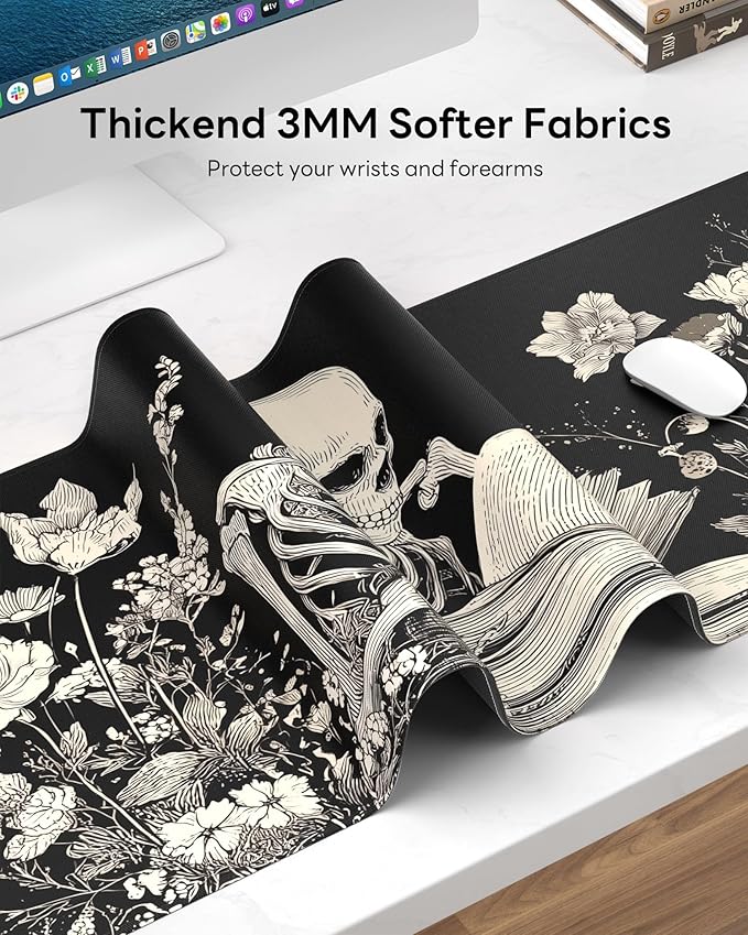 Skull Mouse Pad, 31.5 x 11.8 Large Desk Mat with Stitched Edges & Non-Slip Base, Mousepad for Office, Home, Work, White Skull