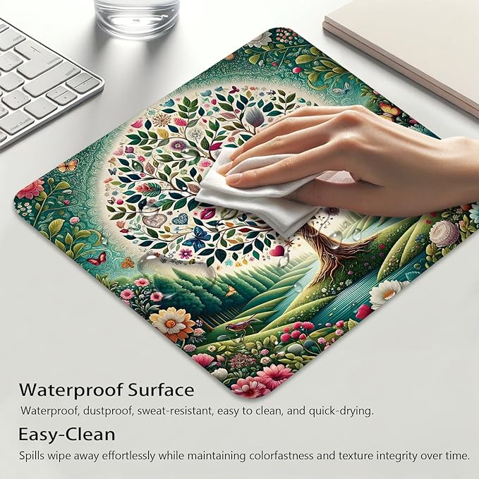 Anti-Slip Gaming & Office Mouse Pad with Stitched Edges 9.5 x 7.9 Inch, Abstract Enchanted Tree of Life Colorful Floral Wonderland Durable Smooth Surface Desk Mat