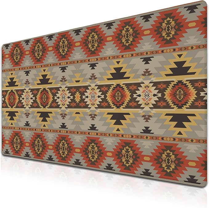 Gaming Mouse Pads Geometric Large Desk Pad Keyboard Pad Mousepad XXL Non-Slip Rubber Base Waterproof with Stitched Edges 35.4" X 15.7" for Game Office, American Navajo Style Aztec