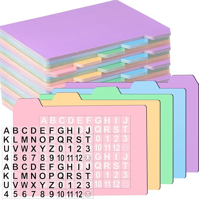 Harloon 50 Pack 4 x 6 Inch Index Card Dividers with 2 Number Alphabet Sticker with Tab, Dry Erase Index Card Guide Set, Photo Recipe Divider for Office Business Back to School Supplies, Candy Color