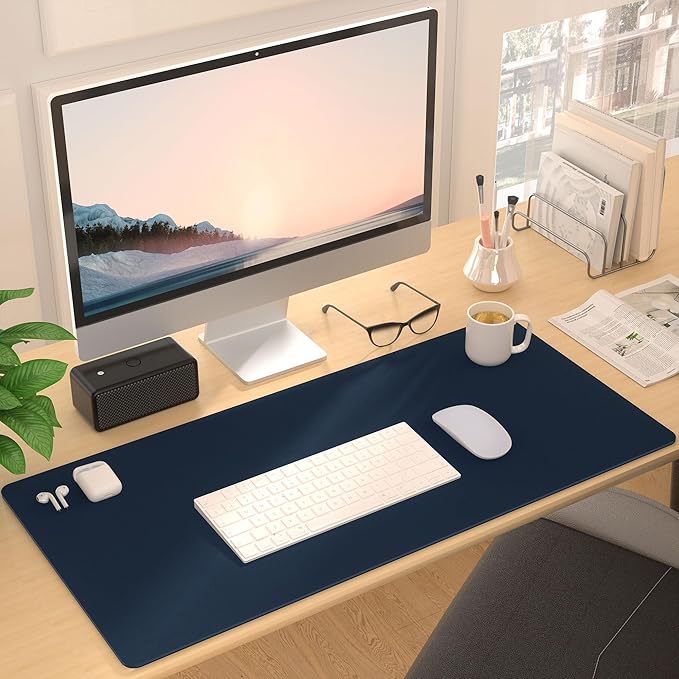 Leather Desk Pad Protector, Mouse Pad, Non-Slip Computer Mat for Desk, PU Leather Office Desk Mat for Home & Office, Waterproof Laptop Desk Blotter for Keyboard and Mouse, Navy (17''X48'')