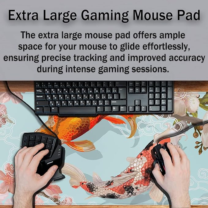 XXL Mouse Pad, Gaming Mousepads Desktop Mats, Extra Large Desk Pad Non-Slip Rubber Base Waterproof with Stitched Edges, 35.4 X 15.7 inch for Work/Game/Office/Home Japanese Traditional Fish