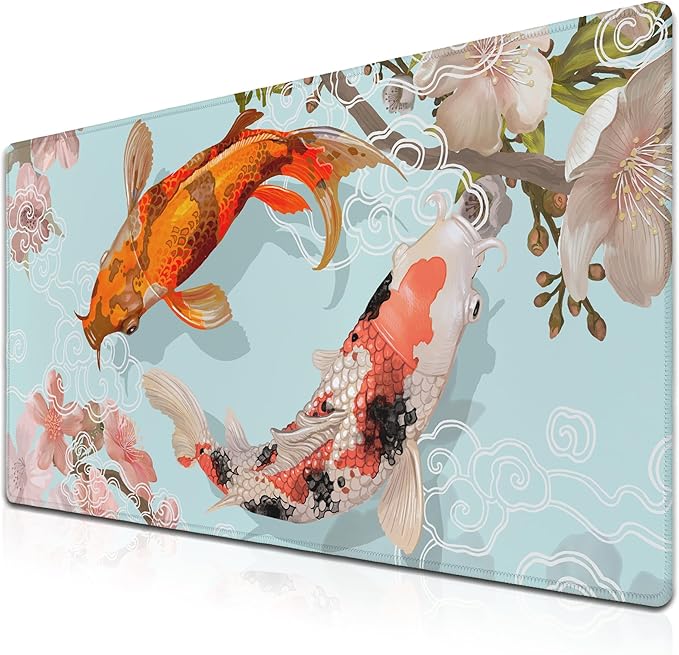 XXL Mouse Pad, Gaming Mousepads Desktop Mats, Extra Large Desk Pad Non-Slip Rubber Base Waterproof with Stitched Edges, 35.4 X 15.7 inch for Work/Game/Office/Home Japanese Traditional Fish