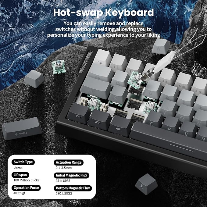 ATTACK SHARK X68 HE 8000Hz Rapid Trigger Keyboard, 0.01mm RT Accuracy Wired Gaming Keyboard with Magnetic Switch, Adjustable Actuation, Rapid Trigger, Snap Tap, RGB Lighting for PC/Mac, Moonlight