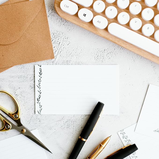 Leaf Garland Index Cards by Pure Print and Design | Floral Flash Cards Perfect For Study Sessions & Learning | 100 Cards of Premium Quality with 5 Different Designs | Black and White | 3x5 inches