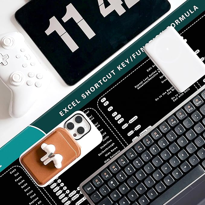 Excel Cheat Sheet Desk Pad, 31.5"x11.8", Waterproof Extra Large Excel Shortcut Mat with Stitched Edges, Anti-Slip Excel Mouse Pad for Office Desk, MS Excel/Word Shortcuts (Green Excel I)
