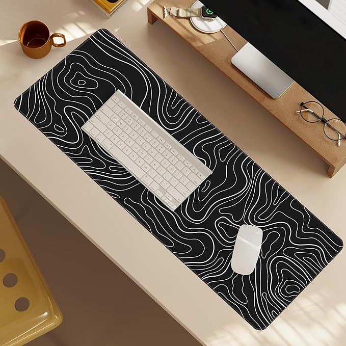 Minimalist Topographic Map Mouse Pad - Contour Extended Large Stitch Edge Mousepad. Black & White Non-Slip Gaming Desk Mat 31.5x11.8inch
