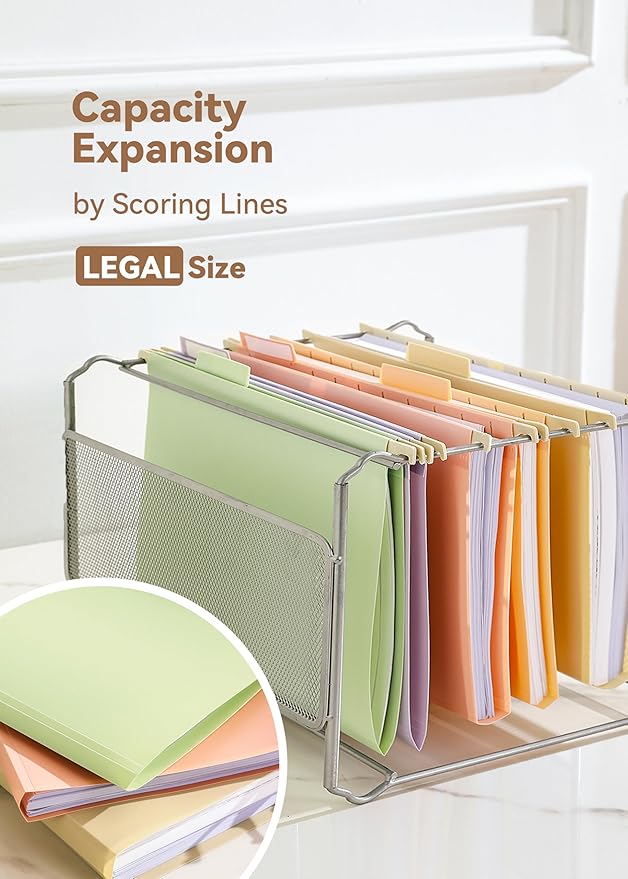 Plastic Legal Size Hanging File Folders, 12 Pack Pastel Hanging Folders, with Insertable 1/5-Cut Tabs for Filing Cabinets