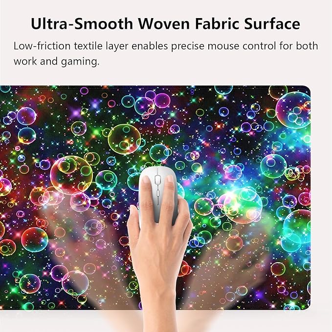 knseva. Large Gaming Mouse Pad with Stitched Edges, Vibrant Rainbow Bubbles and Stars, Anti-Slip Rubber Base & Smooth Fabric Surface XXL Extended Desk Mat