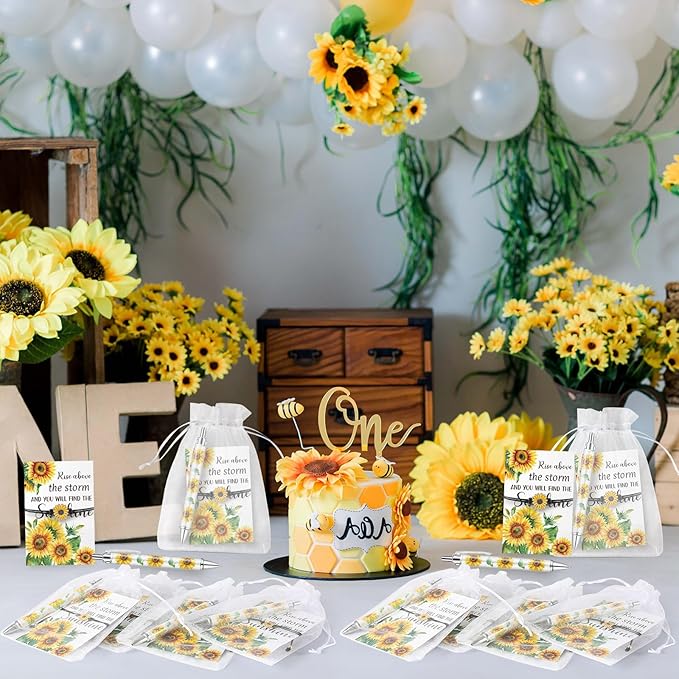 24 Sets Sunflower Gifts Bracelets Ballpoint Pens Bulk Sunflower Yellow Floral Theme Retractable Pens with Information Card Organza Bags for Women Men Office School Party Favors Supplies