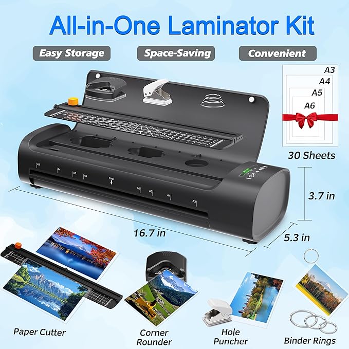 13 Inch Laminator Machine with 30 Laminating Sheets, A3 11-in-1 Hot & Cold Thermal Laminator for Teachers, 60S Fast Warm-Up, 450mm/min, Never-Jam Design Laminate Machine for Home, Office, School