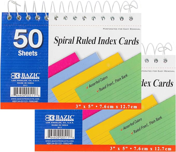 BAZIC Products Ruled Index Cards Book 3" X 5" 100 Count, Spiral Bound Memo, Assorted Color Flashcards, Ruled Lined Card for Memory Reminder (50/Pack), 2-Packs