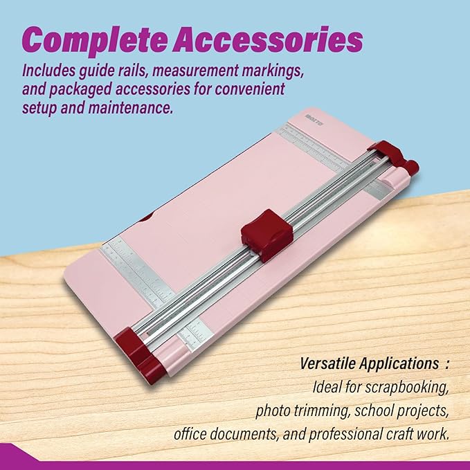 12" Portable Paper Cutter with Safety Guard for Precise Trimming of A4 Paper, cardstock & Photos. Ideal for Scrapbooking & Invitations. Includes 6 Blades & Storage. (Pink)