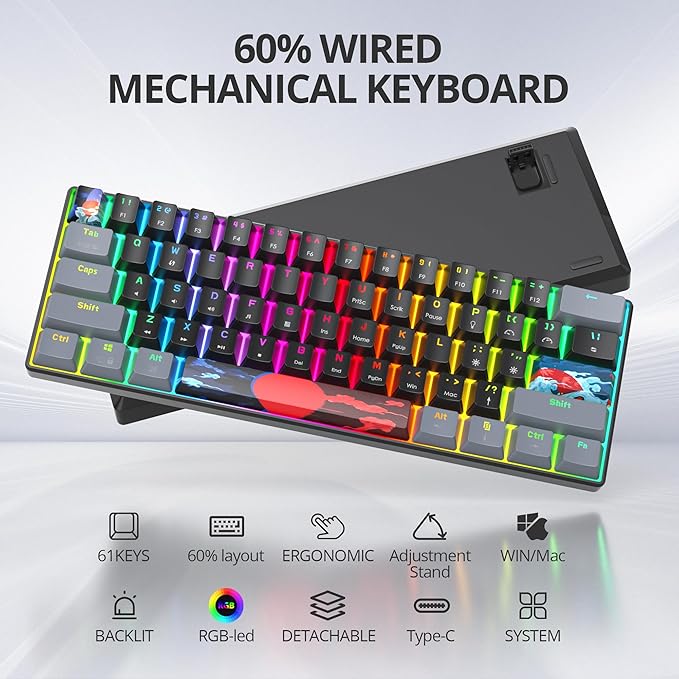 60% Mechanical Keyboard 61-Key Wired Gaming Keyboard with Blue Switch RGB Lighting Effect PBT Keycaps Ultra-Compact Mini Keyboard Suitable for Win/Mac(61 Dark)