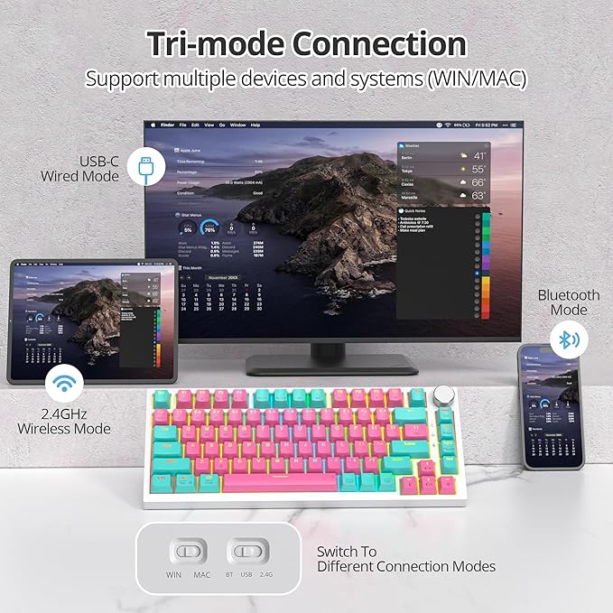 75% Wireless Creamy Mechanical Keyboard, Hot Swappable Custom, RGB Backlit Gasket Gaming, 2.4G/BT5.0/USB-C, Pink Mechanical Keyboard, Pre-lubed Linear Gray Cream Switches