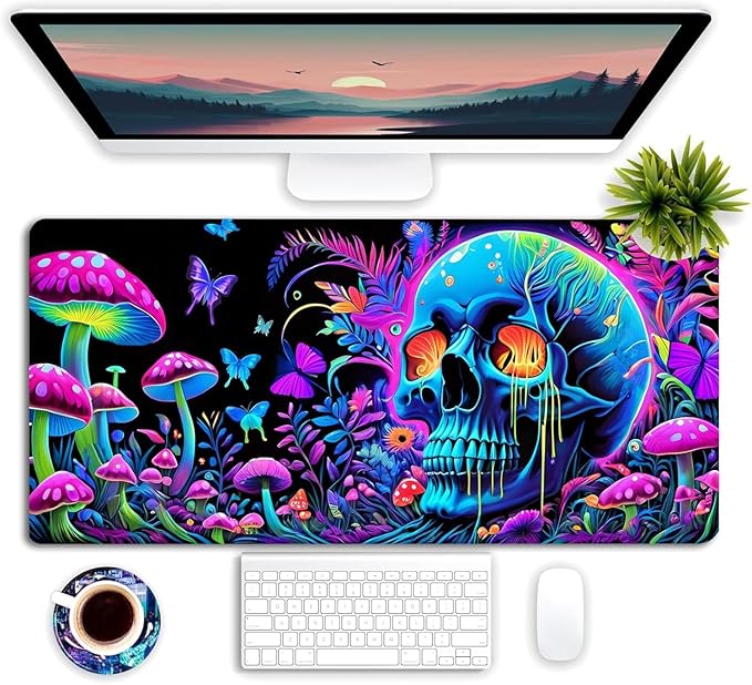 Simpkeely Large Skull Mushroom Gaming Mouse Pad - UV Light Reactive Neon Glow Butterfly Mat Waterproof XL Non-Slip Rubber Base for Computer & Keyboard, 31.5" x 11.8"