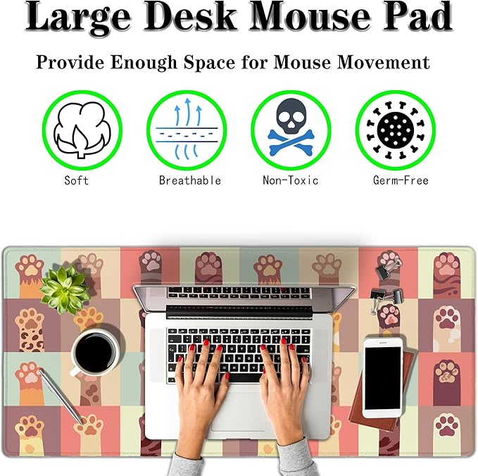 Gaming Desk Mat Cats Paws Computer Desk Accessories for Women Large Mousepads Extended Mouse Pad Keyboard Mouse Pad Waterproof Non-Slip Rubber Base 35.4" X 15.7" for Game Office,
