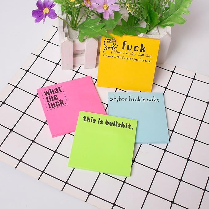 Fresh Outta Fucks Pad and Pen Funny Sticky Notes and Pen Set White Elephant Gift Novelty Pen Funny Desk Accessory Fun Gifts for Friends (4Color+2Pen)