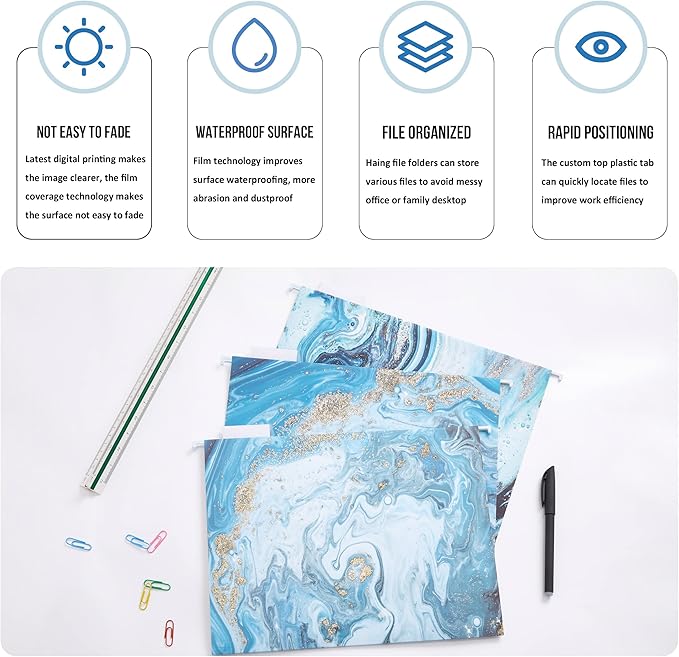 Y YOMA 6 Pack Decorative Hanging File Folders Letter Size Marble Cute Hanging Folder Pretty File Folder Organizer for Filing Cabinet Office Home with 1/5-Cut Adjustable Tabs, 3 Blue Marble Design
