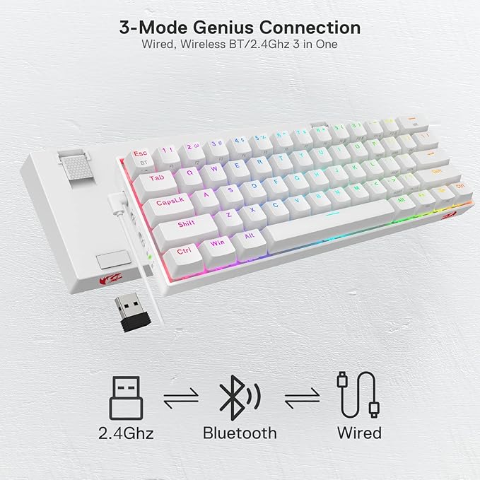 Redragon K530 Pro Draconic 60% Wireless RGB Mechanical Keyboard, BT/2.4Ghz/Wired 3-Mode 61 Keys Compact Gaming Keyboard w/Hot-Swap Socket, Free-Mod Plate Mounted PCB & Linear Red Switch