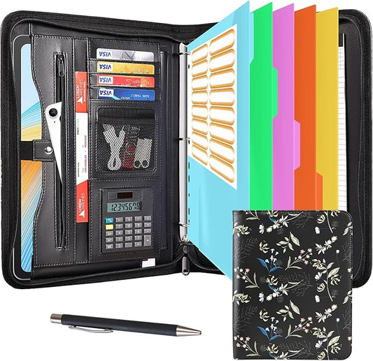 Eshow Portfolio Organizer - 3 Ring Binder with Zipper, Vegan Leather Business Padfolio Folder with Notepad Includes 5 Color Sheet Protectors for Documents Files for Men Women