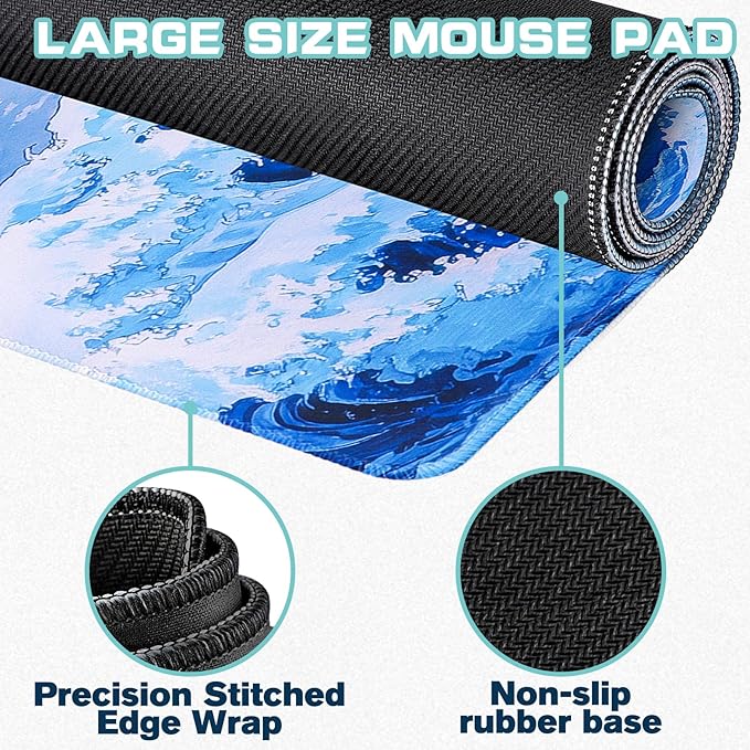 Mouse Pad Gaming - Desk Mat for Keyboard and Mouse - Kanagawa Cartoon Large Mouse Pads for Desk, Japanese Wave Gaming Mousepad (31.5" X 11.8") with Non-Slip Base for Game, Office and Home