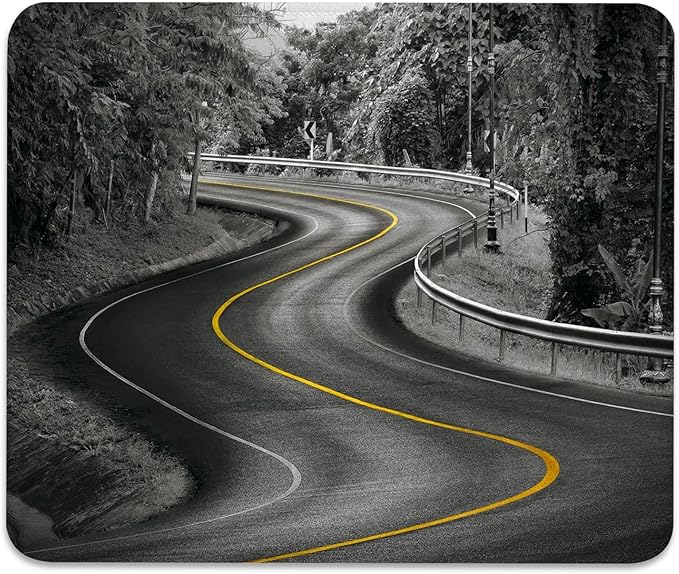 Anti-Slip Gaming & Office Mouse Pad with Stitched Edges 9.5 x 7.9 Inch, Curvy Asphalt Road with Yellow Line in Middle Nature Forest Trees Durable Smooth Surface Desk Mat