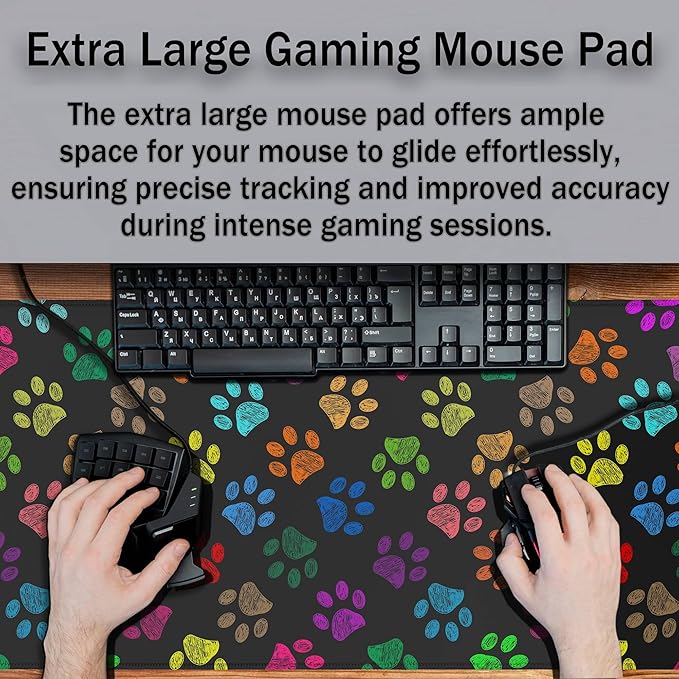 Desktop Mat Black, XXL Mouse Pads Pc Mouse Pad, Mat Mouse Pad Non-Slip Rubber Base Waterproof with Stitched Edges, 35.4 X 15.7 inch for Work/Game/Office/Home Colorful Animal Pets Dog Paw