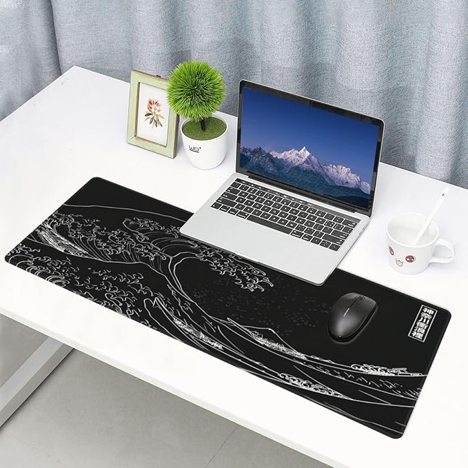 Japanese Gaming Mouse Pad Black Mouse Pad Kanagawa Large Mousepad Non-Slip Rubber Base Waterproof with Stitched Edges for Gaming Office Home, 31.5x11.8x0.12 Inch (Black Wave)