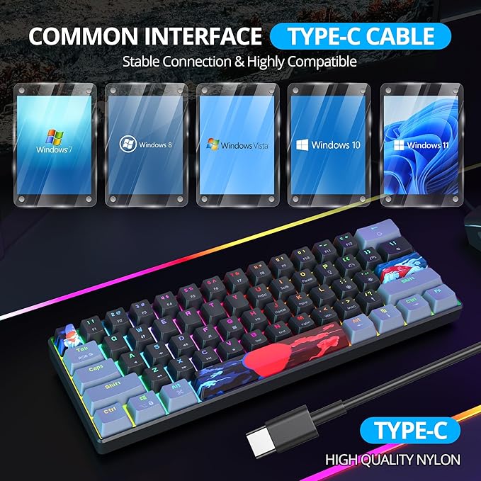 60% Mechanical Keyboard 61-Key Wired Gaming Keyboard with Blue Switch RGB Lighting Effect PBT Keycaps Ultra-Compact Mini Keyboard Suitable for Win/Mac(61 Dark)