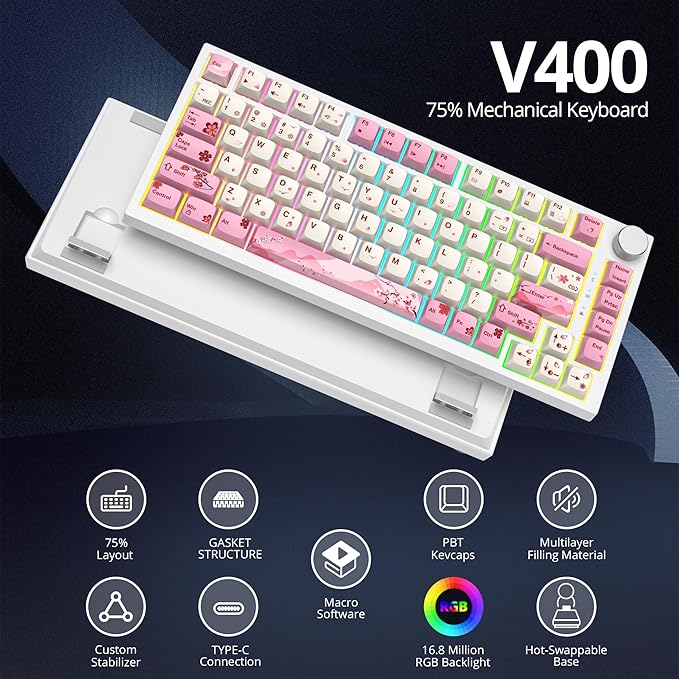 75 Percent Pink Keyboard Gasket-Mounted with Sound Absorbing Pads, 82-Key Compact Wired RGB Mechanical Gaming Keyboard Hot-Swap Socket for Win, Ying