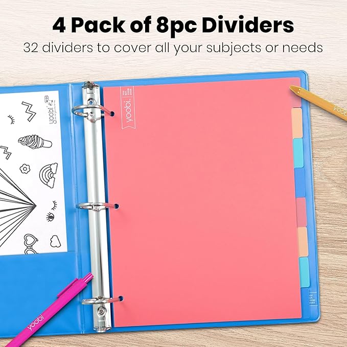 Yoobi 8 Tab Binder Dividers, 3 Hole Punch Divider Set for 3 Ring Binders, Pack of 4 Multicolor Loose Leaf Dividers, Includes Sticky Labels for Blank Tabs, Office or School Supplies, Binder Organizer