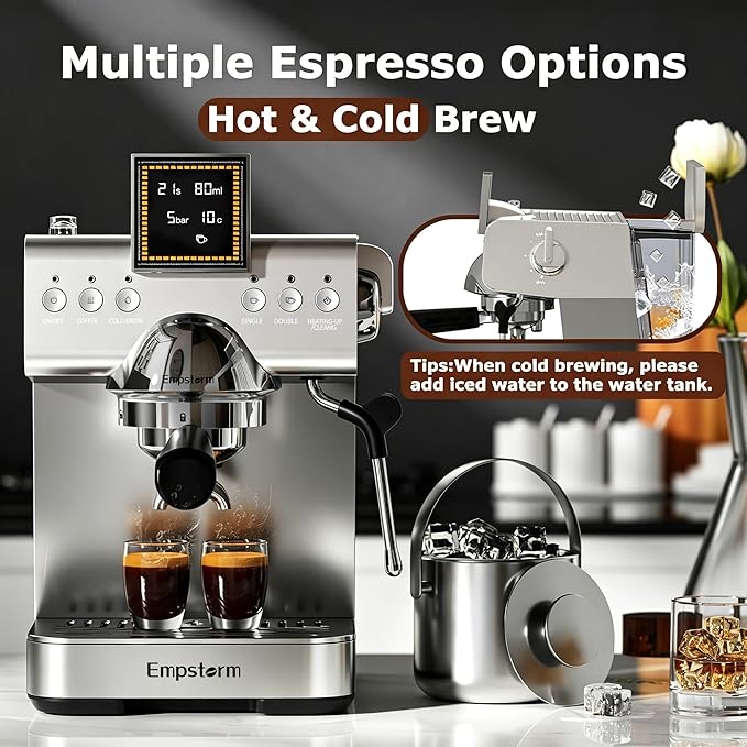 20 Bar Espresso Machine with Milk Frother 1350W Coffee Maker with Hot& Cold Dual-Mode Brewing Compact Stainless Steel Latte & Cappuccino Machine with PID Temp Control for Home Office, 50oz Water Tank