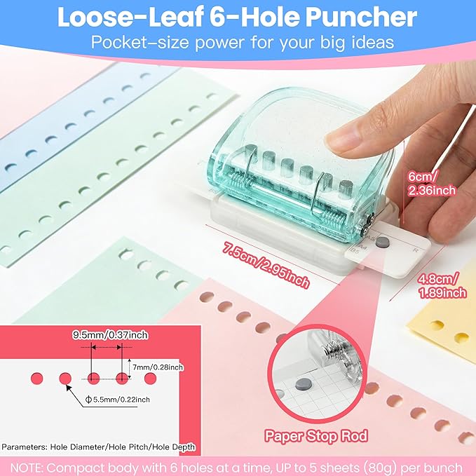 Spiral Binding Machine, Portable 6-Hole Mini Hole Punch,Comb Binder for Letter Size, A4,A5,B5,DIY Creative Book Binder Loose Paper for Organized Reports,Scrapbooks,Household Documents,Family Cookbook