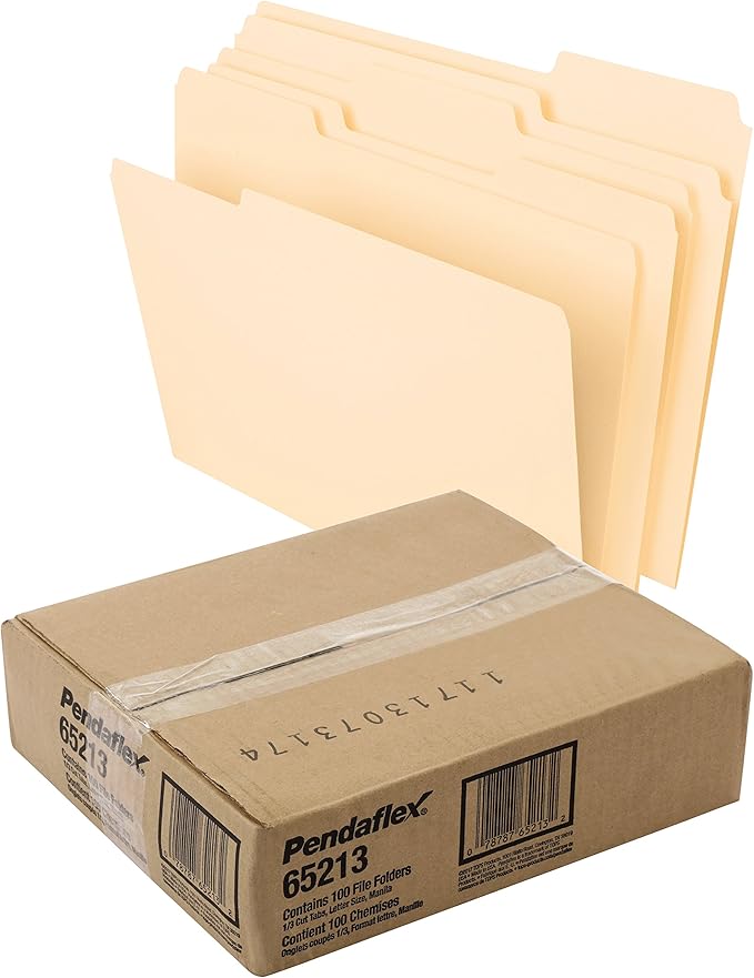 Pendaflex Hanging File Folders, Letter Size, Assorted Colors (81663) and Pendaflex File Folders, Letter Size, Manila, 1/3-Cut Tabs (65213)