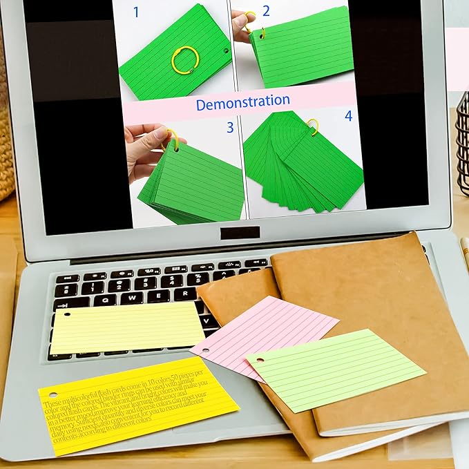 MotBach 600Pcs Colored Index Cards 3x5 Inch Flash Cards with Rings Lined Note Card Flashcards, Colorful Ruled Card Pad Index Note Books 3 x 5 Notecards for Studying School Supply College Office
