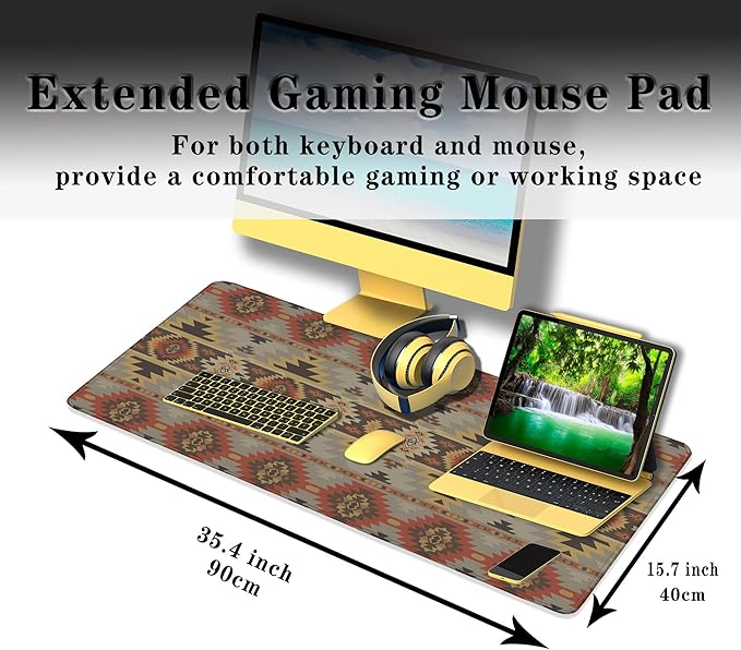 Gaming Mouse Pads Geometric Large Desk Pad Keyboard Pad Mousepad XXL Non-Slip Rubber Base Waterproof with Stitched Edges 35.4" X 15.7" for Game Office, American Navajo Style Aztec
